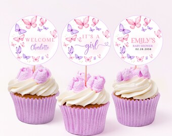 Toppers de cupcake para chá de bebê com borboletas, unissex, rosa e roxo, com tema floral, primavera e jardim. Decoração para imprimir (BS36V).