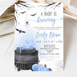 Een baby brouwt Halloween babyshower uitnodiging heks babyshower uitnodiging jongen blauwe ketel rook spookachtig herfst herfstfeest BEWERKBARE BS66B