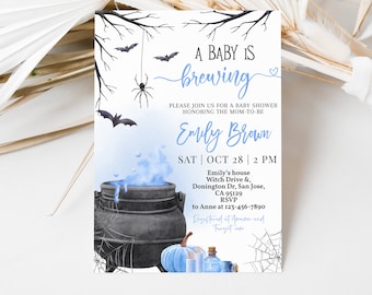 Ein Baby braut Halloween-Babyparty-Einladung Hexe-Babyparty-Einladung Jungen-blauer Kessel Rauchen gruseliger Herbst-Fall-Party EDITIERBARE BS66B