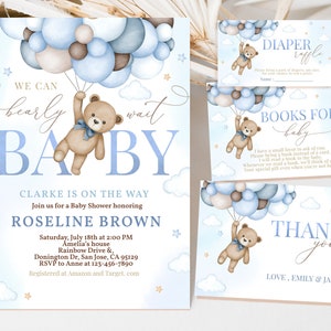 Teddybär-Babyparty-Einladungs-Bundle Wir können Bären-Junge-Babyparty-Einladungs-Set Blaue Heißluftballons Boho-Karten-Reihe EDITIERBARE BS21B einladen