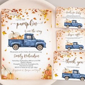 Blue Pumpkin Truck Baby Shower Invitation Bundle A Little Pumpkin Invite Set Boy Fall Autumn Leaves Pumpkin Patch Party Suite EDITABLE BS28B