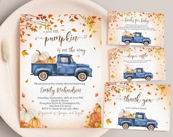 Blue Pumpkin Truck Baby Shower Invitation Bundle A Little Pumpkin Invite Set Boy Fall Autumn Leaves Pumpkin Patch Party Suite EDITABLE BS28B