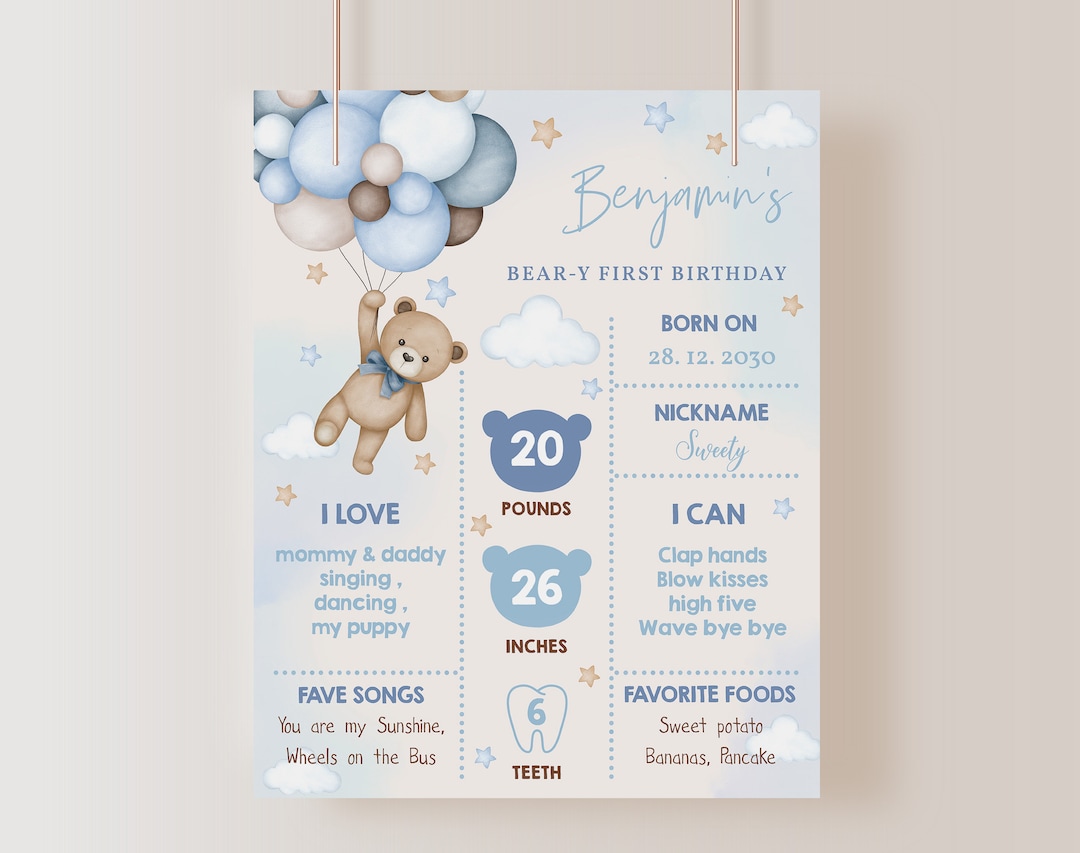 Teddy Bear Milestone Board Sign Poster Beary First Boy Birthday Party ...