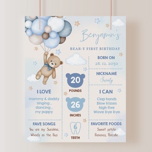 Teddybär Meilenstein Brett Schild Beary Erster Junge Geburtstag Party Dekor Blaues Pampasgras Poster Boho Heißluftballons EDITIERBAR BT81B