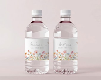 Etiqueta para botella de agua de cumpleaños Wild One, etiquetas para bebidas con mariposas y flores silvestres, flores de primavera, jardín, rosa, morado, decoración floral para fiestas, imprimible AT69P