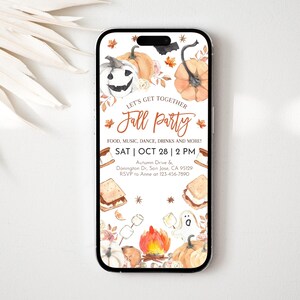 May include: A smartphone displays a fall party invitation. The design features pumpkins, leaves, and a bonfire illustration. Text includes "Let's Get Together Fall Party" and event details: October 28th at 2 PM.