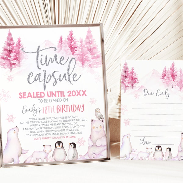Winter Onederland Time Capsule Sign Wonderland Girl First 1st Birthday Party Decor Pink Polar Bear Arctic Animals Guestbook Printable BT46P