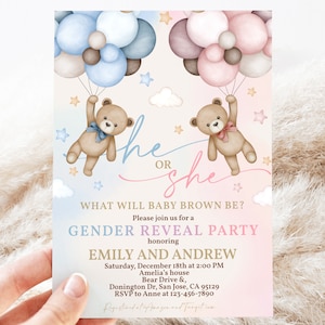 Teddy Bear Gender Reveal Invitation We Can Bearly Wait Invite Boy or Girl He or She Blue Pink Hot Air Balloons Pampas Grass EDITABLE BS21M image 5