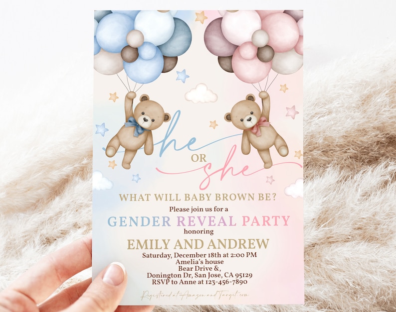 Teddy Bear Gender Reveal Invitation We Can Bearly Wait Invite Boy or Girl He or She Blue Pink Hot Air Balloons Pampas Grass EDITABLE BS21M image 5