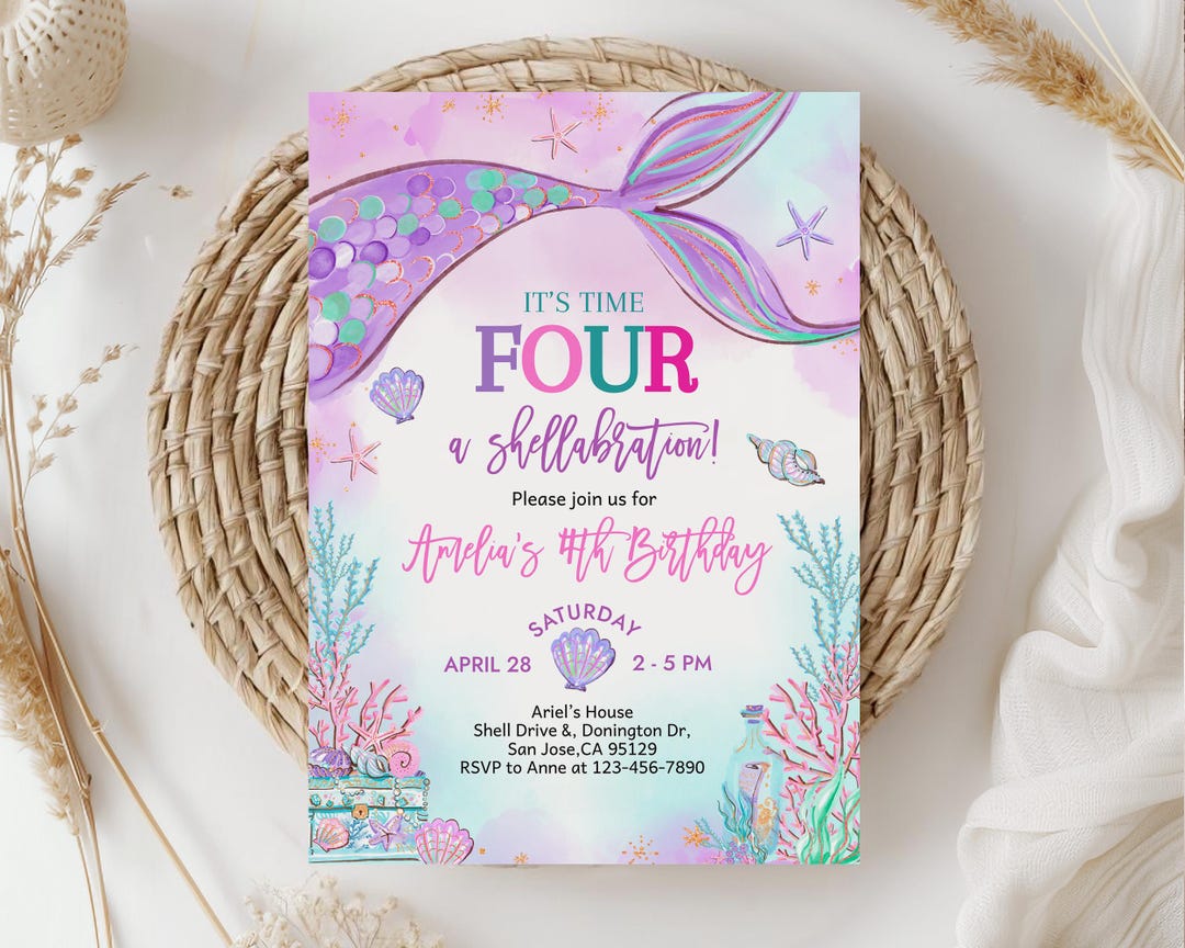 Mermaid Birthday Invitation, Girl 4th Fourth Bday Invite, It's Time ...