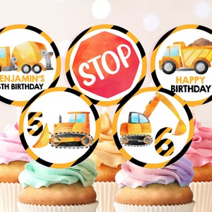 Topos de cupcake de construção, decoração para festa de aniversário de menino, caminhão basculante, imprimíveis, topo de bolo para escavar, etiqueta de sobremesa, modelo EDITÁVEL BT35