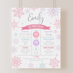 Panneau d&#39;étape flocon de neige fille du pays des merveilles d&#39;hiver 1er anniversaire Party Decor hiver Onederland affiche tableau rose signe MODIFIABLE BT30P