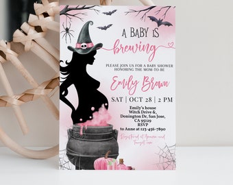 May include: A pink and white baby shower invitation with a silhouette of a pregnant woman dressed as a witch. The text reads "A Baby is Brewing" and includes the name "Emily Brown".