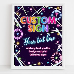 Laser Tag Custom Sign Girl Gamer Birthday Decor Kids Tag Party Table Sign Neon Glow Pink Rainbow Arcade Game Poster EDITABLE BT63P
