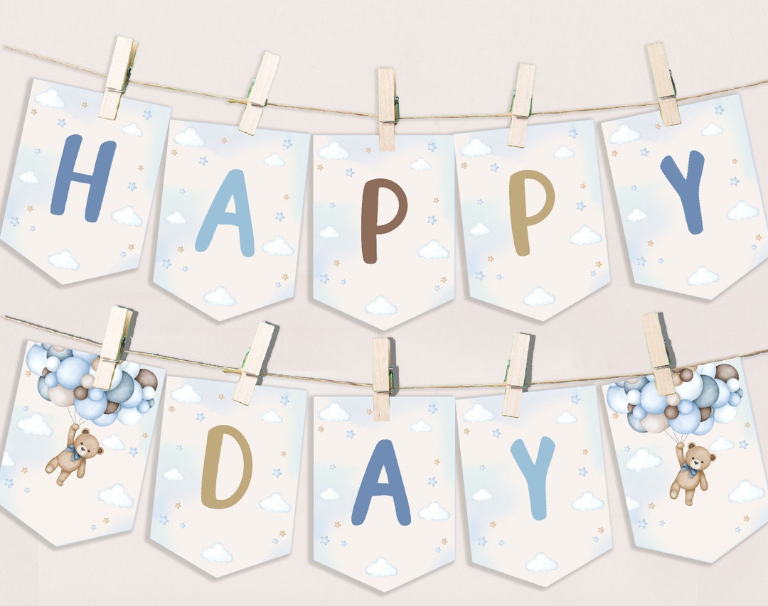 Teddy Bear Birthday Banner Beary First Boy Birthday Party Decor Blue ...