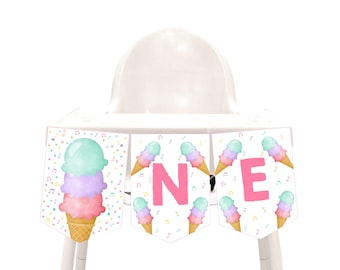 Ice Cream Truck High Chair Banner Girl Birthday Party Decor Summer Party Bunting Flag Two Sweet One Here's the Scoop Garland Printable BT69P
