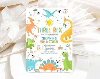 May include: A colorful dinosaur-themed birthday invitation for a 3rd birthday party. The invitation features a green, yellow, and orange dinosaur with the text "Three Rex" and "Benjamin's 3rd Birthday".