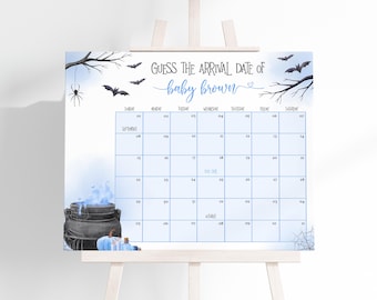 May include: A blue and white Halloween themed baby shower game. The game is a calendar with the month of September and the text "Guess the arrival date of baby Brown".