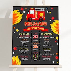 Letrero de camión de bomberos para el primer cumpleaños de niña y niño, decoración para fiesta de cumpleaños, póster de bombero, camión de bomberos, departamento de bomberos, editable, BT02K