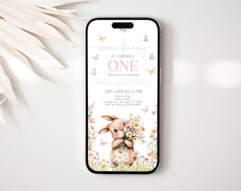 Some Bunny Birthday Evite Wildflower Butterfly Digital Invitation Spring Flowers Floral Mobile Phone Electronic Text Invite EDITABLE AT72P