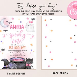 May include: A pink and white printable invitation for a first birthday party with a spooky theme. The invitation features a ghost, a witch's hat, a cauldron, and a black cat. The text on the invitation reads "Amelia is a spooky one" and "1st Boo-Day".