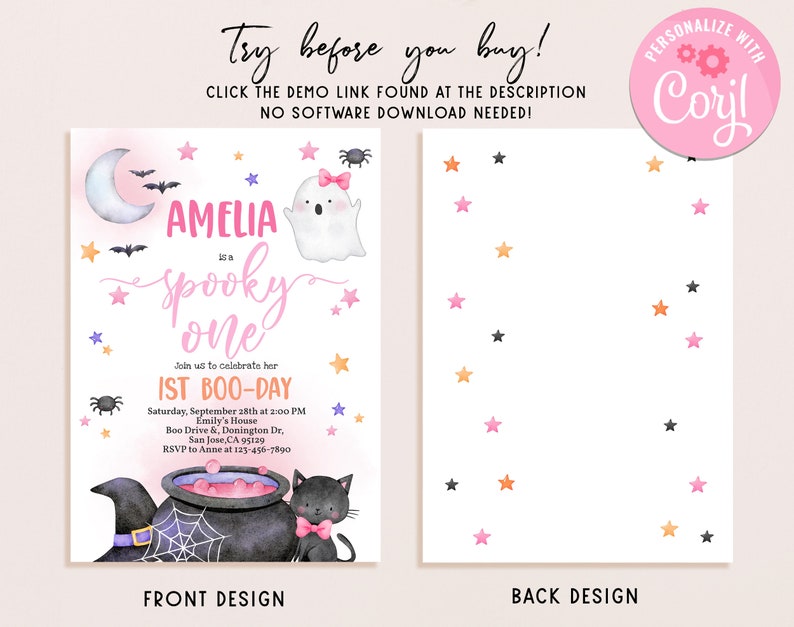 May include: A pink and white printable invitation for a first birthday party with a spooky theme. The invitation features a ghost, a witch's hat, a cauldron, and a black cat. The text on the invitation reads "Amelia is a spooky one" and "1st Boo-Day".