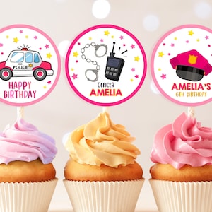 Topos de cupcake de aniversário de polícia, decoração para festa de 1º aniversário de menina, policial, carro de polícia chamando todas as unidades, modelo para impressão BT29P
