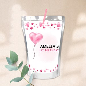 Etiquetas para sachês de suco para o Dia dos Namorados, decoração para festa de aniversário de namorada, etiqueta para bebida de 1º Dia dos Namorados, balões com corações vermelhos e rosa para impressão BT92P