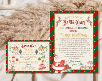 Pode incluir: Um conjunto temático de Natal com uma carta do Pai Natal e um certificado da Lista dos Bons. A carta, dirigida a Amélia e Benjamin, tem uma borda vermelha e verde. O certificado é para Benjamin Brown.