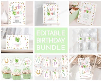 St Patrick's Day Mädchen Geburtstagseinladung Bundle, Lucky One Invite Set, Shamrock Regenbogen, Pink Grün Klee Party Decor EDITABLE BT95P