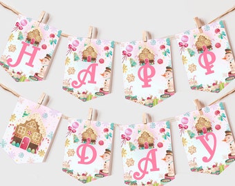 Gingerbread House Birthday Banner Boy Girl 1st Birthday Decor Kids Christmas Party Bunting Flag Happy Winter Holiday EDITABLE Prop HL14