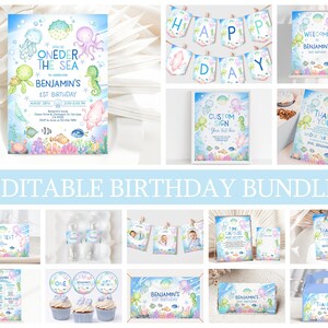 May include: Editable printable set for a first birthday party with an under the sea theme. The set includes a welcome sign, thank you card, banner, cupcake toppers, and more. The design features a blue, green, and yellow color scheme with illustrations of sea creatures.
