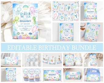 May include: Editable printable set for a first birthday party with an under the sea theme. The set includes a welcome sign, thank you card, banner, cupcake toppers, and more. The design features a blue, green, and yellow colour scheme with illustrations of sea creatures.
