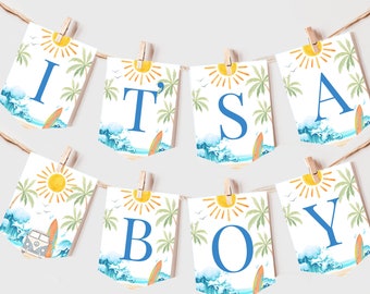Surf Baby Shower Banner Baby on Board Surfing Beach Party Decor Retro Surf Van Ocean Wave Surfboard Garland EDITABLE Bunting Flag BS52B