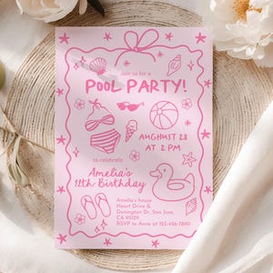 Pink Pool Party Invitation, Girls Summer Birthday Invite, Doodle Beach Design, Teen Girl Any Age, Coquette Hand Drawn Bow EDITABLE CT15P image 4