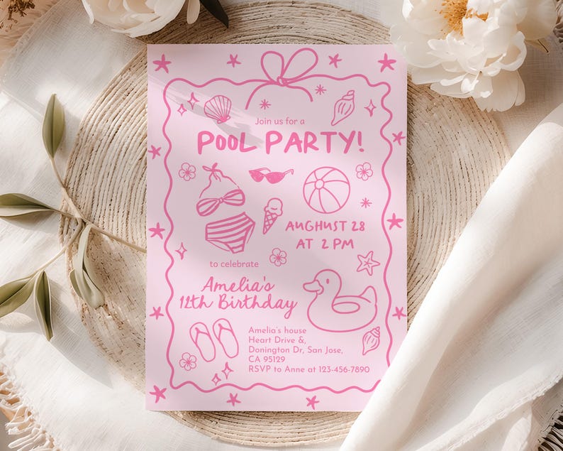 Pink Pool Party Invitation, Girls Summer Birthday Invite, Doodle Beach Design, Teen Girl Any Age, Coquette Hand Drawn Bow EDITABLE CT15P image 4