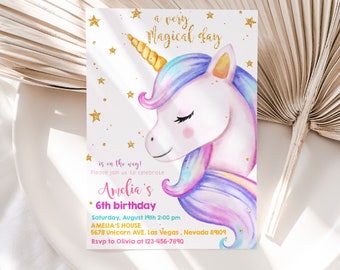 Unicorn Birthday Invitation Magical Pastel Rainbow Girl 1st Birthday Party Invite Whimsical Pink Purple Gold Glitter Stars EDITABLE BT20P