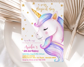 Unicorn Birthday Invitation Rainbow Party Gold Glitter Pink Girl Magical Day Invites EDITABLE Printable Template Instant Download BTD020