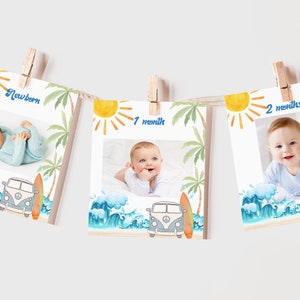 The Big One Surf Birthday Monthly Photo Banner Boy Surfs Up 1st Birthday Decor Surfing Beach Party 12 Month Bunting Flag EDITABLE AT01B