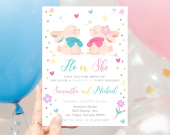 Invitación para fiesta de revelación de género con temática de conejito de Pascua, niña o niño, imprimible digital editable BBS007