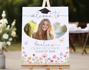 Wildflower Graduation Photo Welcome Sign Spring Flower Butterfly Floral Grad Party Decor High School College Graduate Poster Printable HL92P