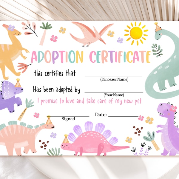 Pastel Dinosaur Adoption Certificate Adopt a Dinosaur Boy Girl 1st Birthday Party Game Jungle Baby Shower Wild Animals Printable BS53 BT98