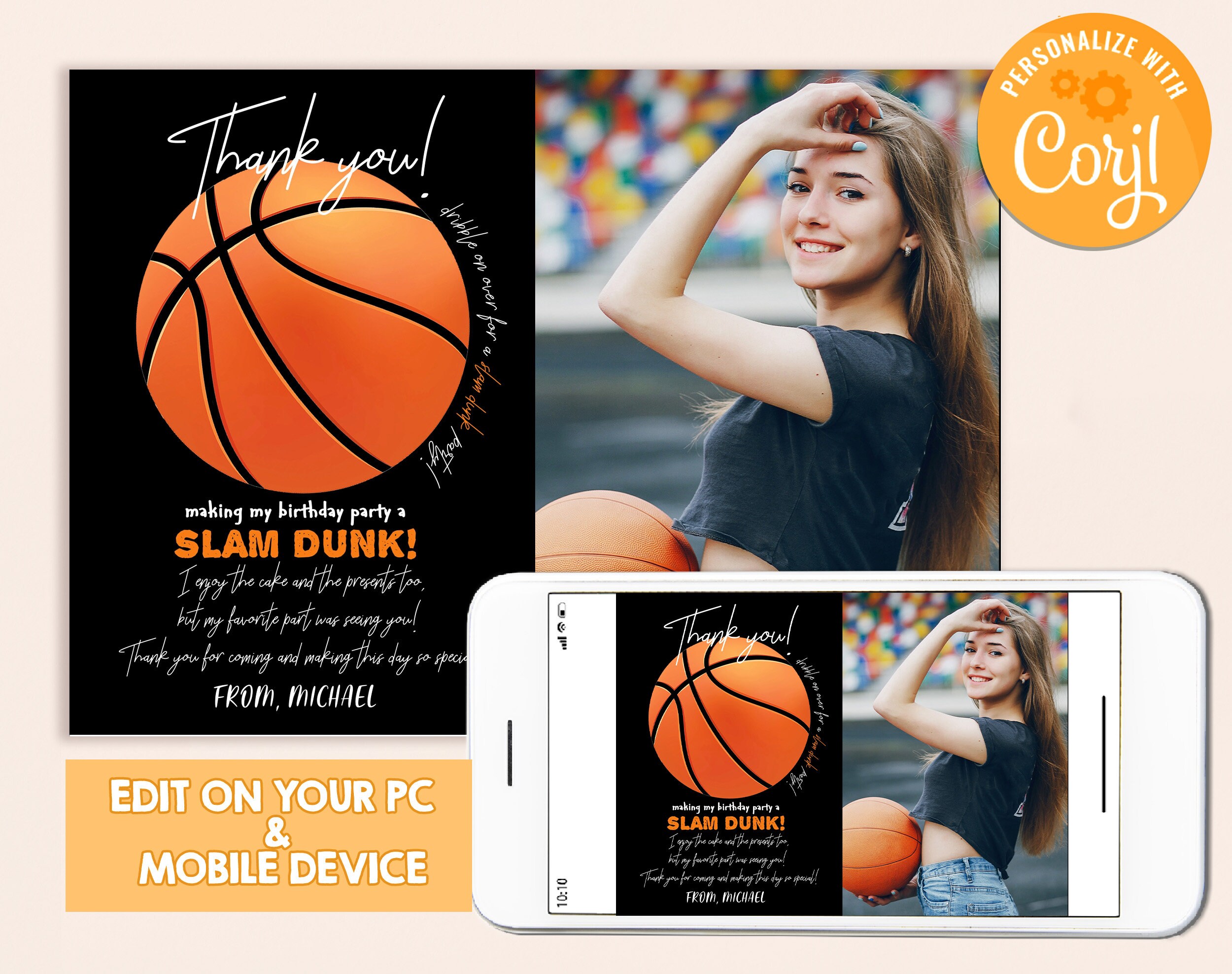 Basketball Photo Thank You Card Boy Girl Birthday Party Sports Team All ...
