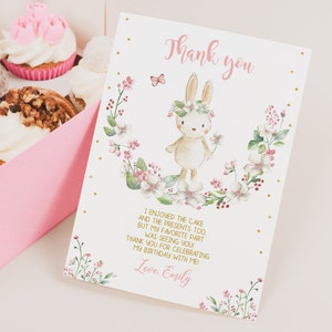 Hase Geburtstag Dankeskarte Frühling Babyparty Dankeschön Hinweis Ostern Kaninchen Party Rosa Gold Blume Garten Floral EDITIERBARE BS12P BT60P