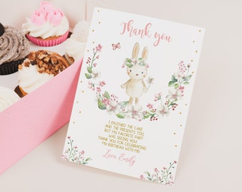 Tarjeta de agradecimiento de cumpleaños de conejito, nota de agradecimiento para baby shower de primavera, fiesta de conejo de Pascua, jardín de flores rosa y dorado, floral, editable BS12P BT60P