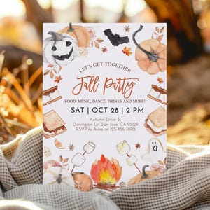 May include: A fall party invitation with a watercolor illustration of pumpkins, a campfire, and s'mores. The text reads "Let's get together Fall Party Food, music, dance, drinks and more! Sat | Oct 28 | 2 PM Autumn Drive & Donington Dr, San Jose, CA 95129 RSVP to Anne at 123-456-7890"
