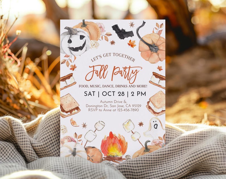 May include: A fall party invitation with a watercolor illustration of pumpkins, a campfire, and s'mores. The text reads "Let's get together Fall Party Food, music, dance, drinks and more! Sat | Oct 28 | 2 PM Autumn Drive & Donington Dr, San Jose, CA 95129 RSVP to Anne at 123-456-7890"