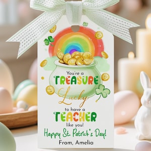 Presentetikett för St Patrick's Day, Du är en skatt, tur som har en lärare som dig. Presentetiketter, Skola, Klassrum, Kruka med guld, Utskrivbar HL77G