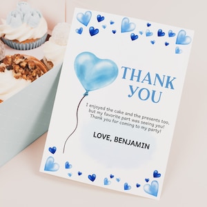 Tarjeta de agradecimiento para baby shower de San Valentín, nota de agradecimiento para cumpleaños de novios, primer día de San Valentín para niño, corazones azules imprimibles BS35B BT92B