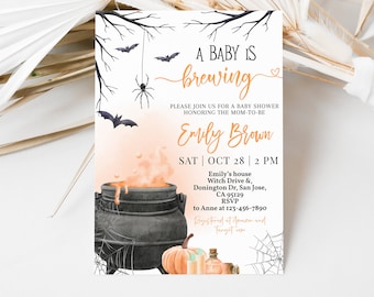 May include: A Halloween-themed baby shower invitation with a black cauldron, orange pumpkin, and a spider web design. The text reads "A Baby Is Brewing" and "Emily Brown".